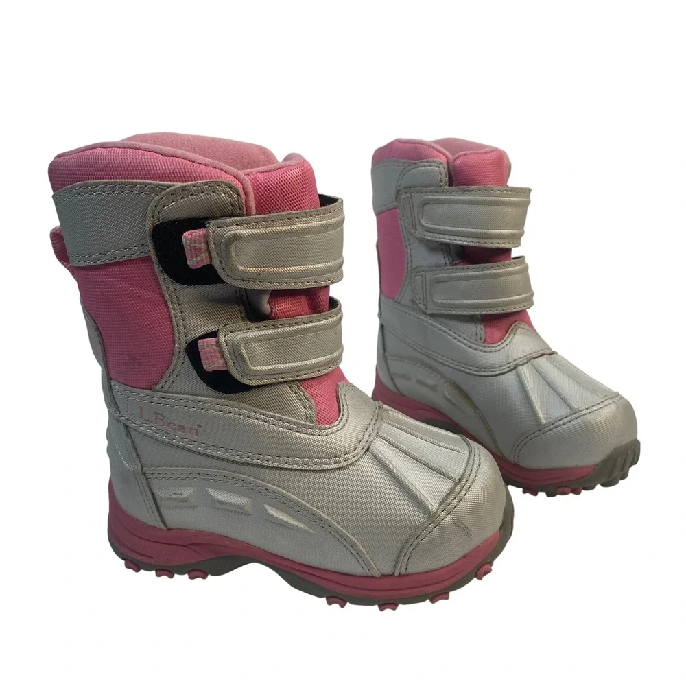 L.L.Bean Snow Boots Toddler Girls Size 7‎ Silver Pink Hook Loop Insulated Winter